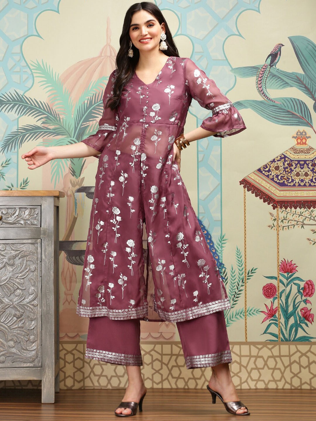 

Ishin Floral Printed V-Neck Panelled Thread Work Organza A-Line Kurta with Trousers, Mauve