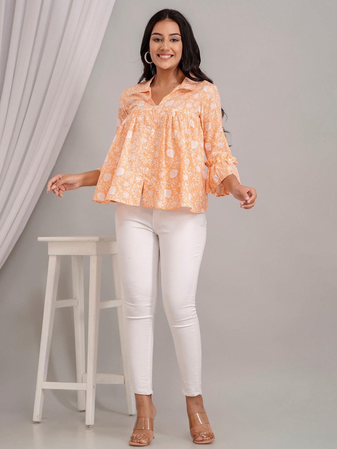 

Kohsh Floral Printed Shirt Collar Three-Quarter Bell Sleeves Cotton Top, Peach