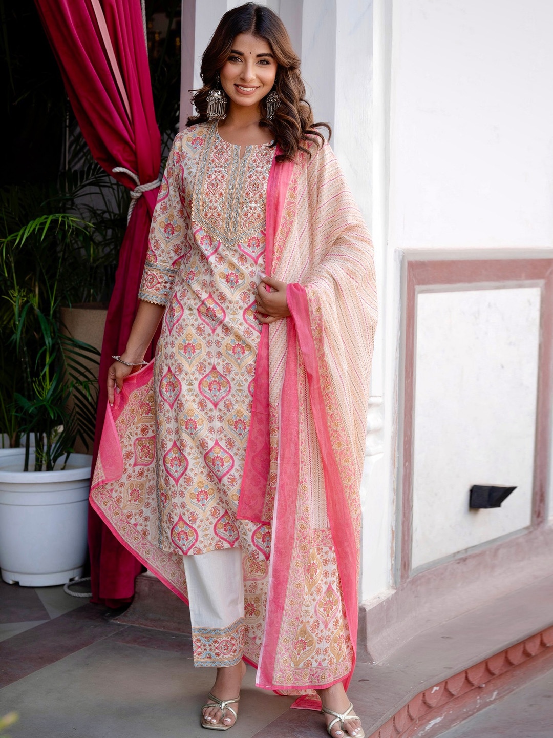 

Kohsh Ethnic Motifs Printed Regular Sequinned Pure Cotton Kurta With Trousers & Dupatta, Off white