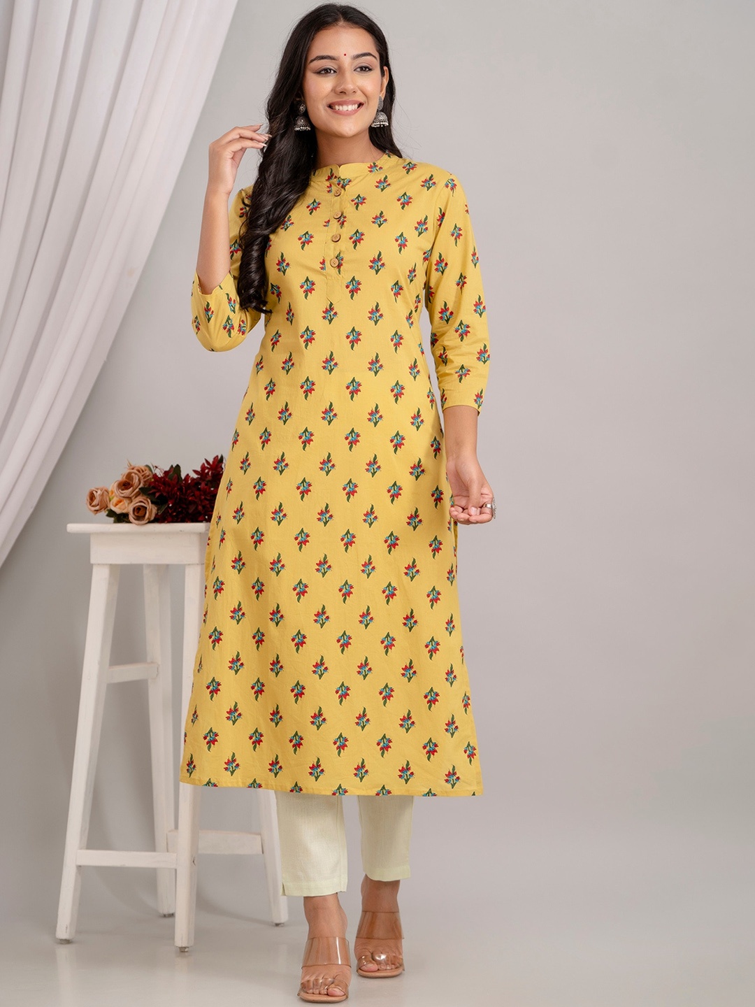 

Kohsh Ethnic Motifs Printed Mandarin Collar Cotton Straight Kurta, Yellow