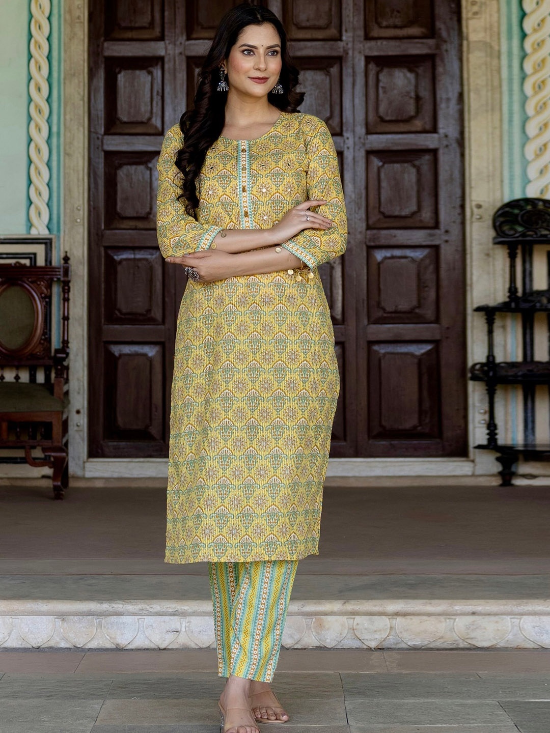 

Kohsh Ethnic Motifs Printed Regular Mirror Work Pure Cotton Kurta with Trouser, Yellow
