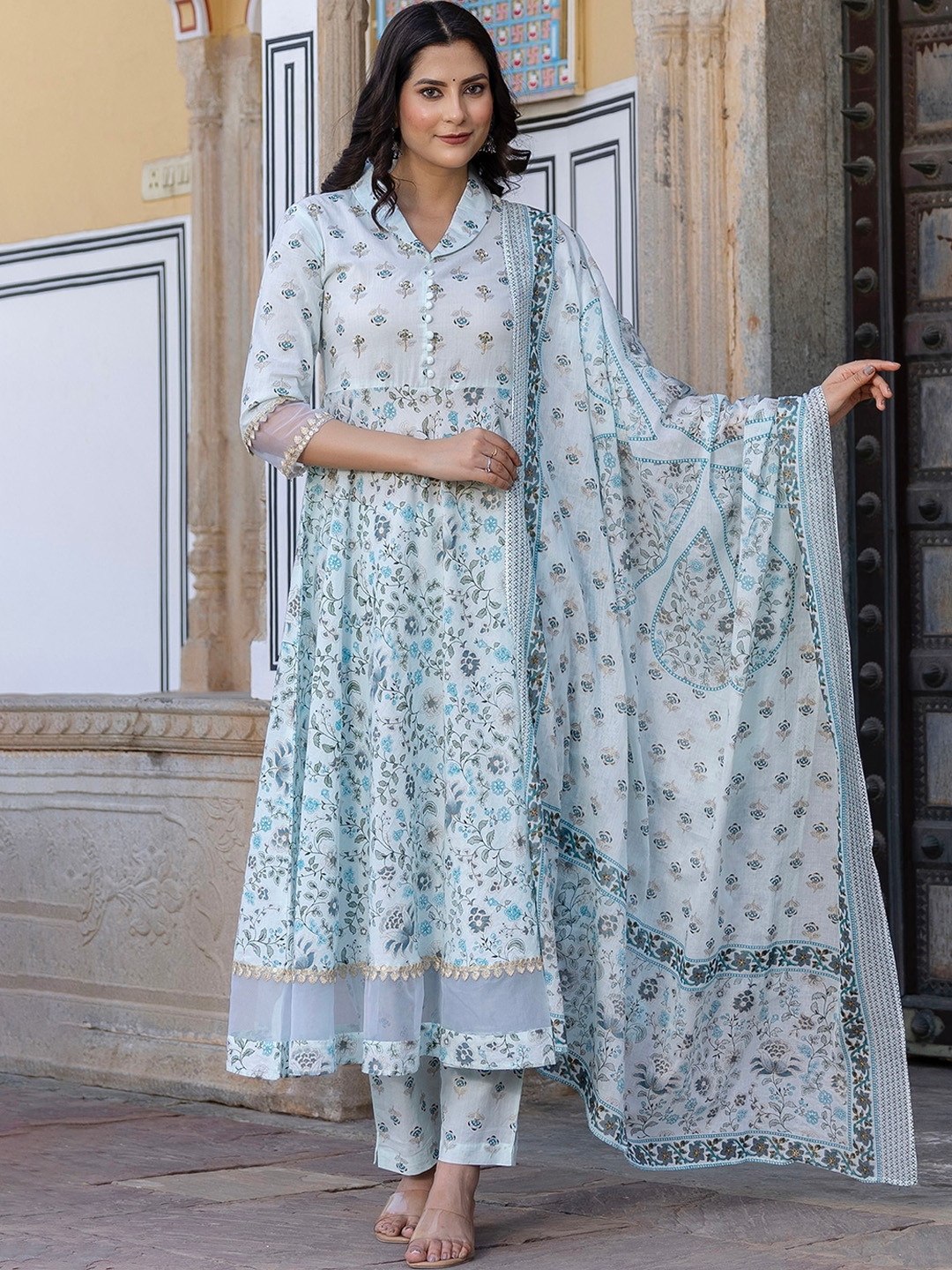 

Kohsh Floral Printed Regular Sequinned Pure Cotton Kurta With Trousers & Dupatta, Blue