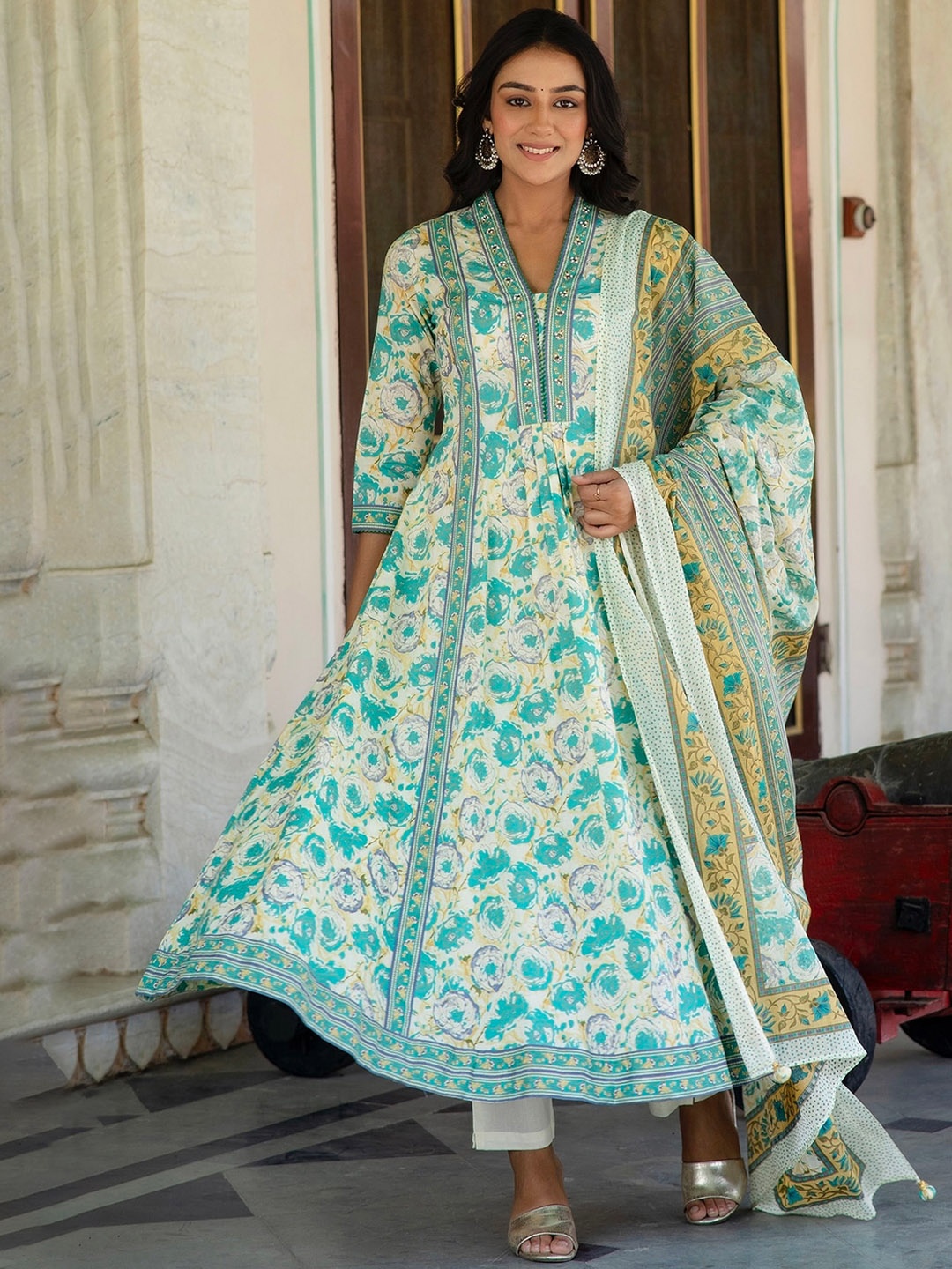 

Kohsh Floral Printed Pleated Beads and Stones Pure Cotton Kurta With Trousers & Dupatta, Green
