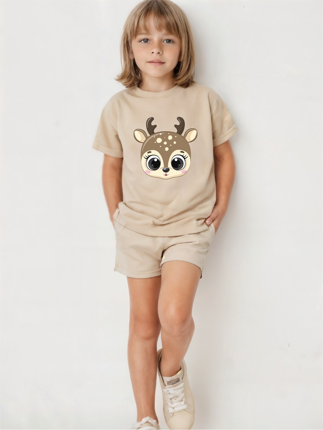 

Minicult Kids Printed Short Sleeves Round Neck Pure Cotton T-shirt with Shorts, Beige