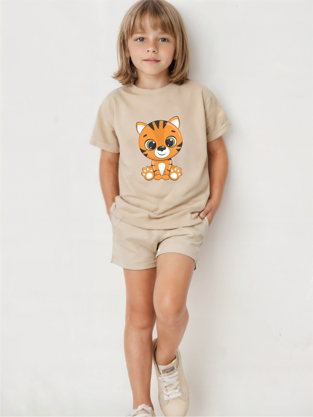 

Minicult Kids Printed Short Sleeves Round Neck Pure Cotton T-shirt with Shorts, Beige
