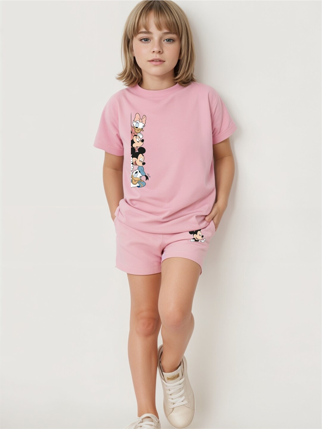 

Minicult Kids Printed Short Sleeves Round Neck Pure Cotton T-shirt with Shorts, Pink