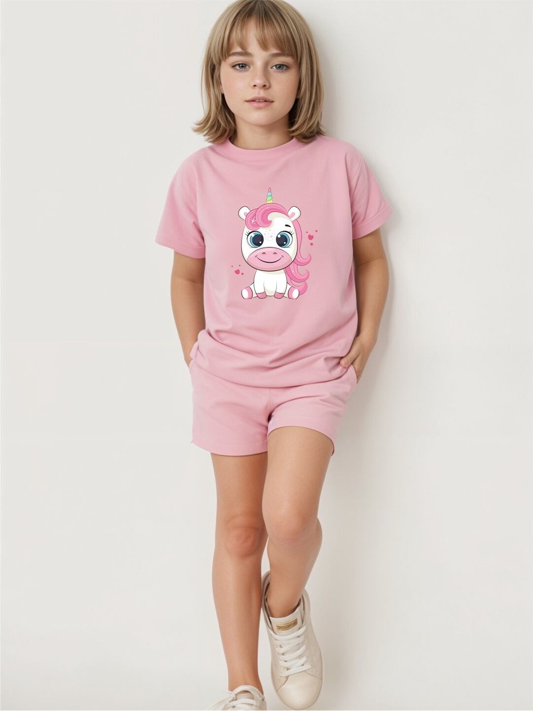 

Minicult Kids Printed Short Sleeves Round Neck Pure Cotton T-shirt with Shorts, Pink