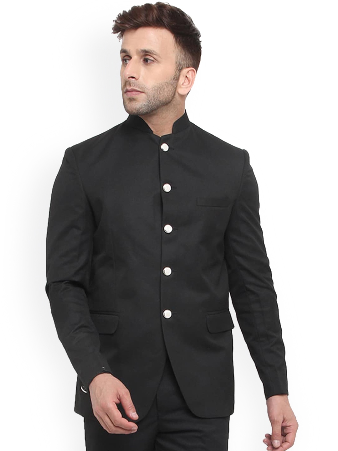 

REFULGENT Mandarin Collar Button-Front Bandhgala Blazer, Black