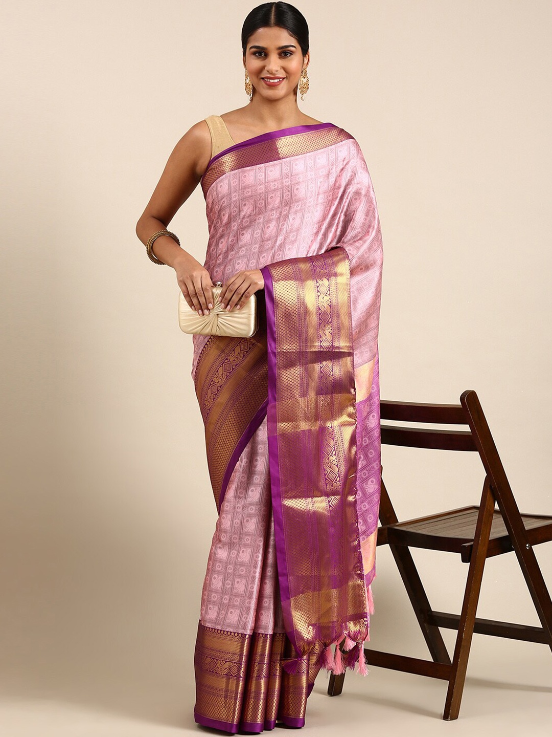 

ASTEYAM Woven Design Pure Silk Saree, Pink