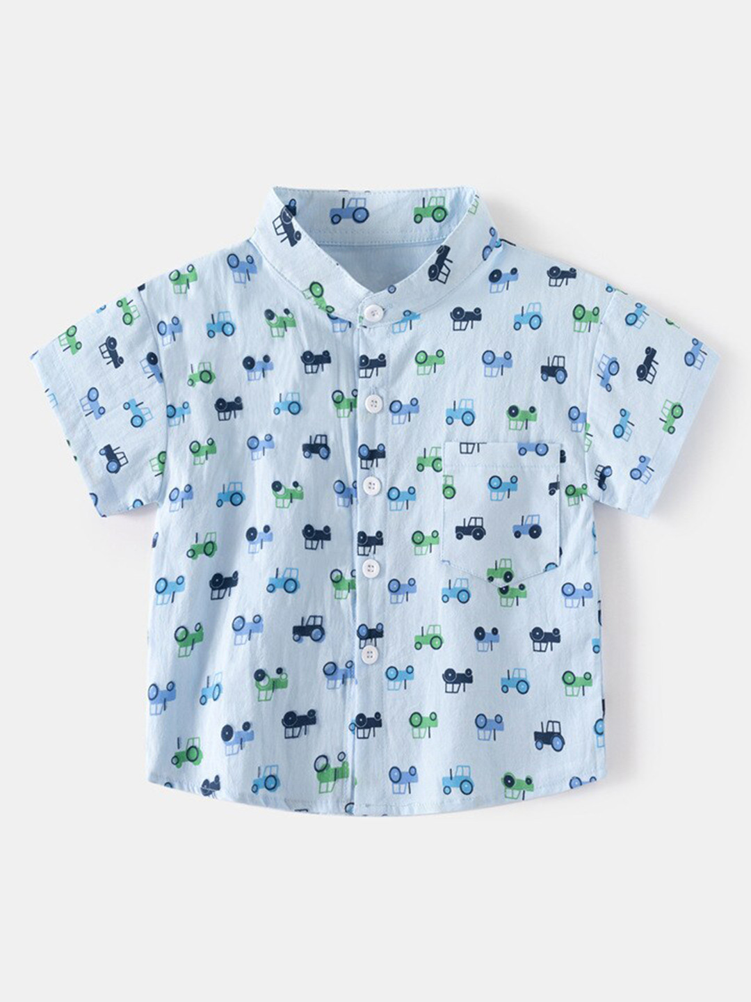 

StyleCast Boys Band Collar Short Sleeves Graphic Printed Cotton Regular Fit Casual Shirt, Blue