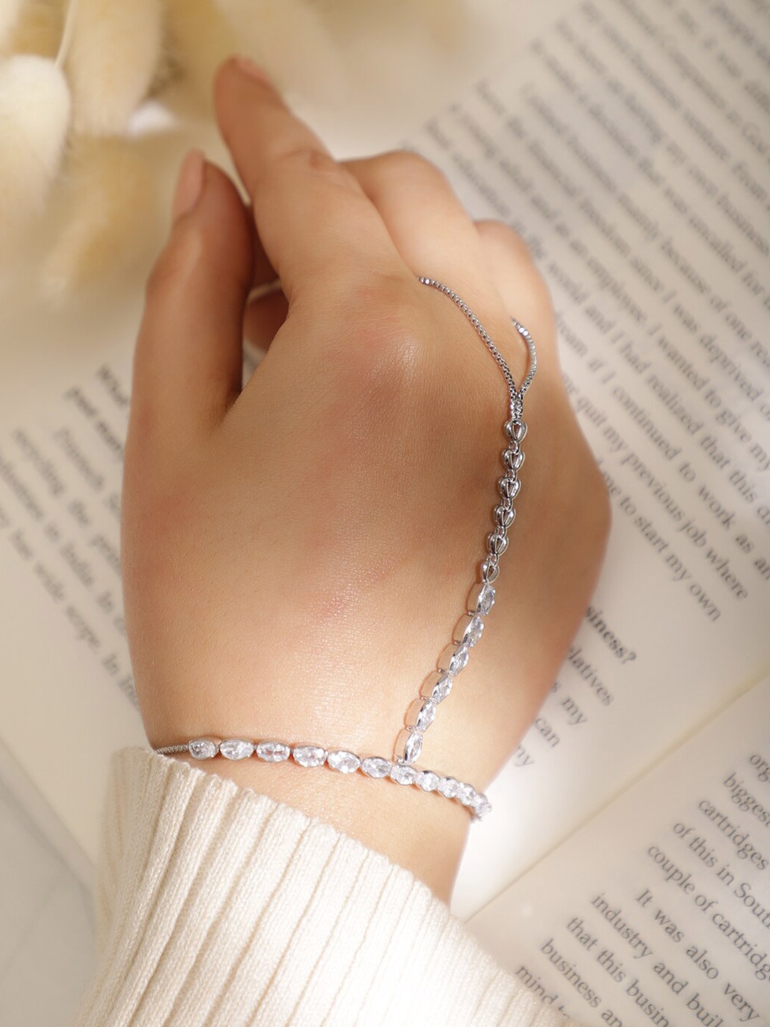 

Rubans Rhodium Plated Multi String Zirconia Studded Adjustable Bracelet, Silver