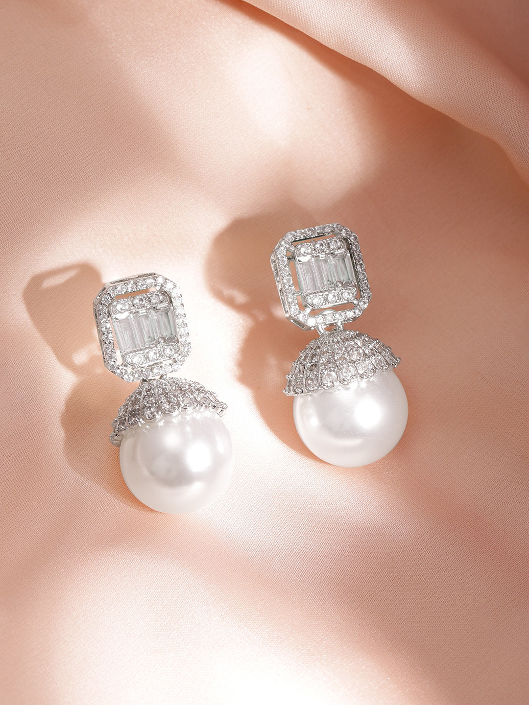 

Rubans Rhodium Plated High Quality Cubic Zirconia Studded Tear Drop Earrings, Silver