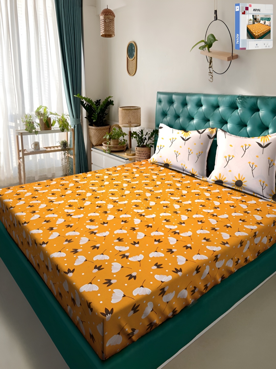 

KLOTTHE Yellow & White Floral 300TC Double King Bedsheet With 2 Pillow Covers