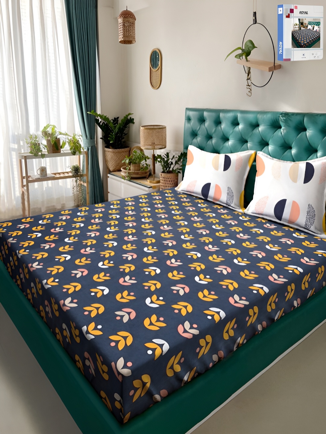 

KLOTTHE Blue & Yellow Floral Fitted 300TC Double Bedsheet With 2 Pillow Covers