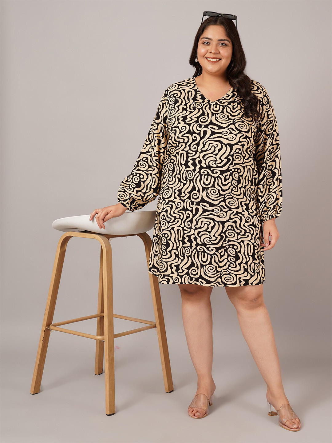 

VINAAN Printed Puff Sleeve A-Line Plus Size Dress, Brown