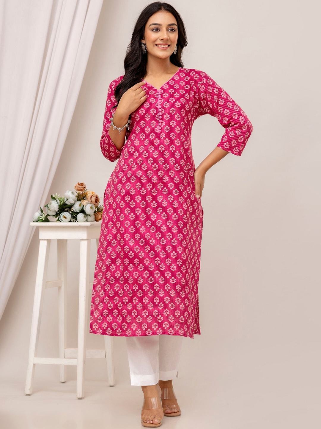 

Kohsh Ethnic Motifs Printed Pure Cotton Straight Kurta, Pink