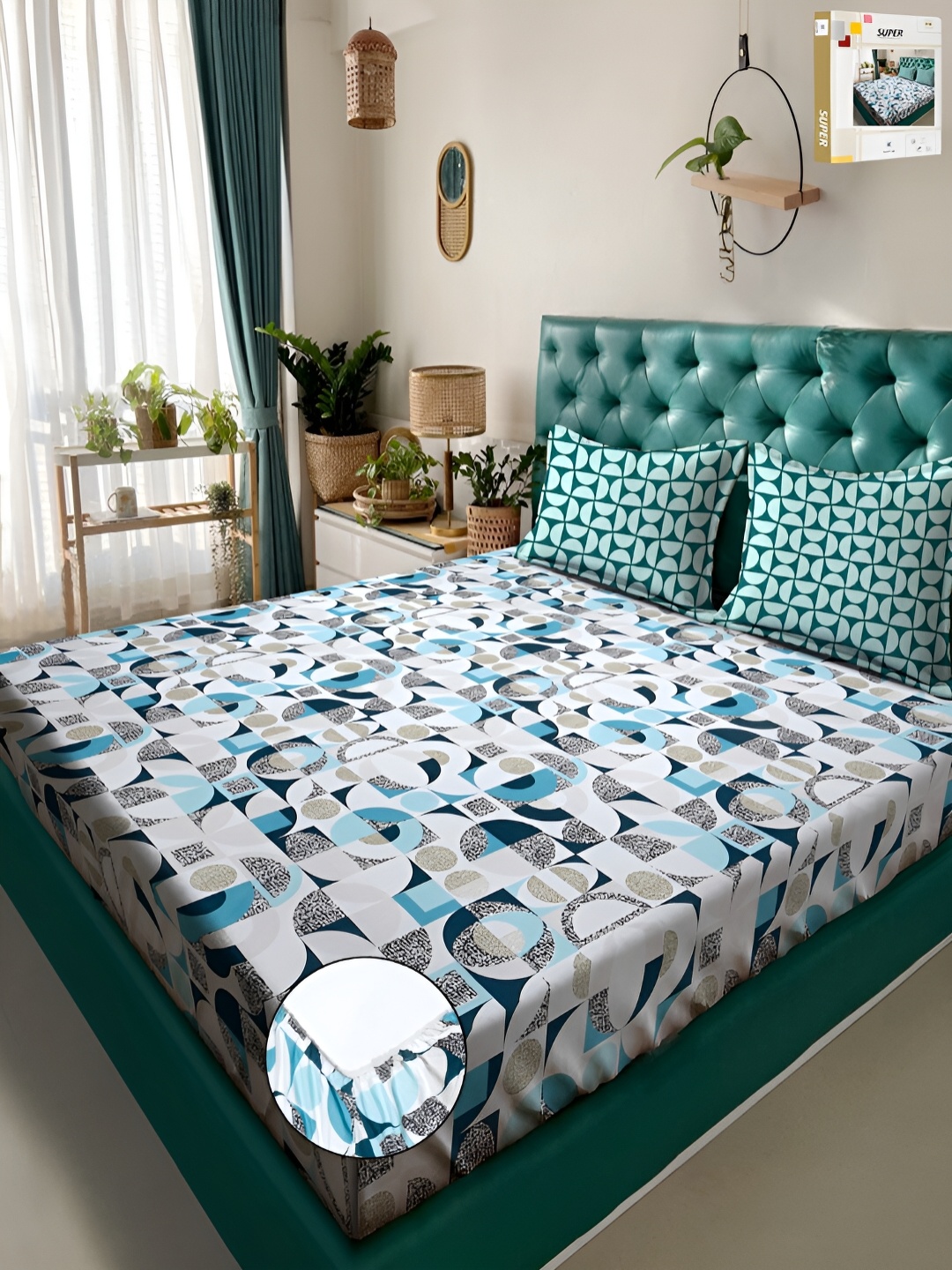 

KLOTTHE White & Blue Printed 300TC Fitted Double King Bedsheet With 2 Pillow Covers