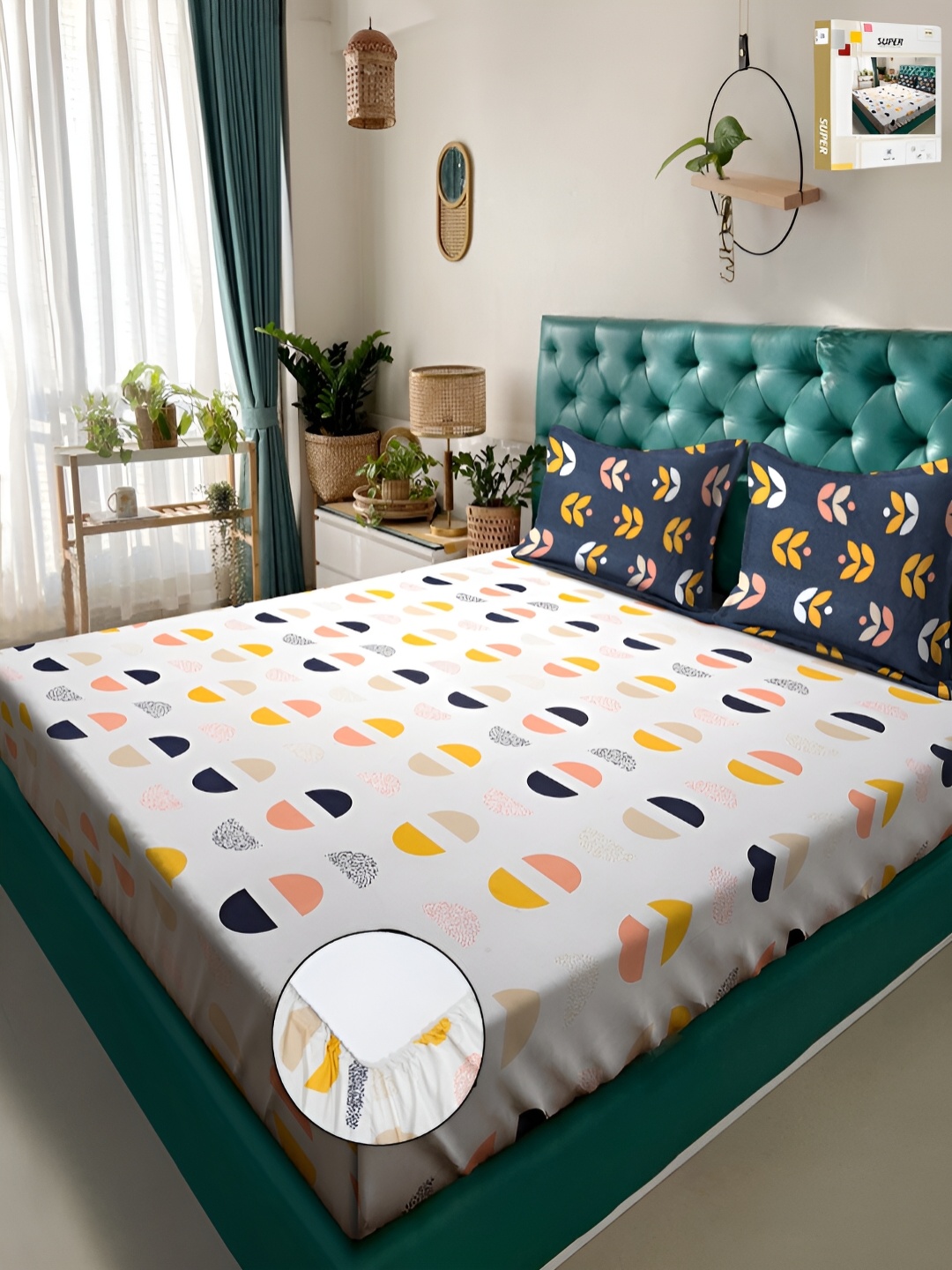

KLOTTHE White & Yellow Geometric Fitted 300TC Double King Bedsheet 2 Pillow Covers