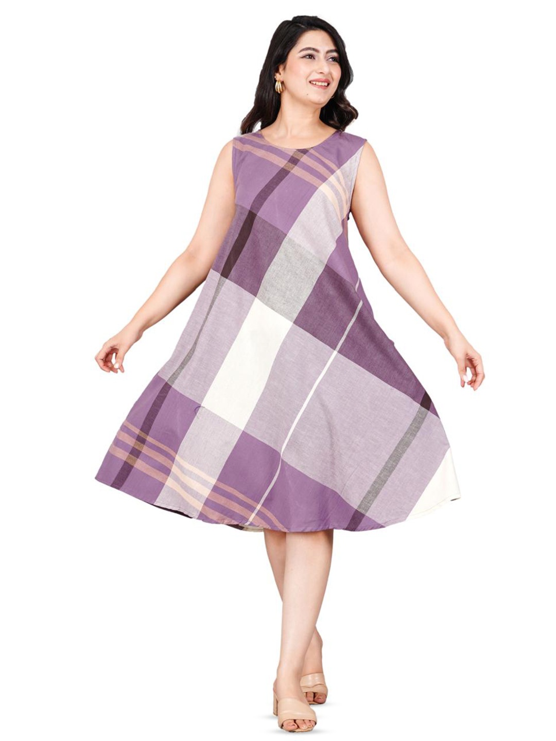 

BAESD Striped Printed Round Neck Sleeveless Cotton A-Line Dress, Purple