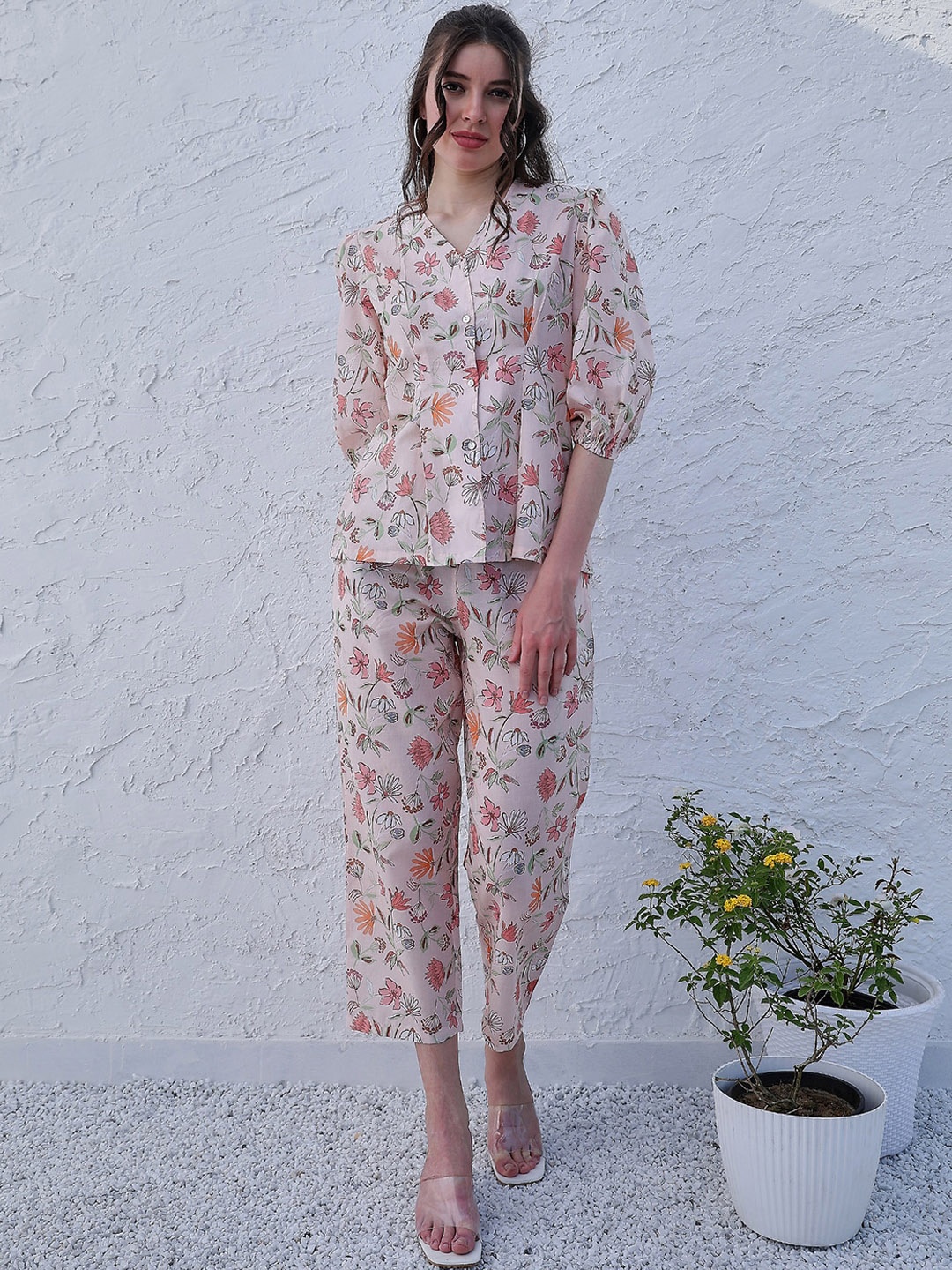 

Boho By Athena Floral-Printed V-Neck Top With Trousers Co-Ords, Peach