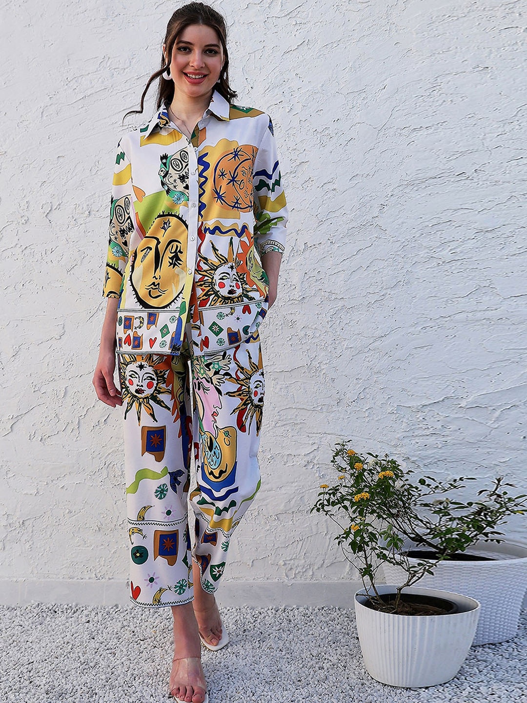 

Boho By Athena Printed Shirt Collar Linen Shirt & Flared Trouser Co-Ords, White
