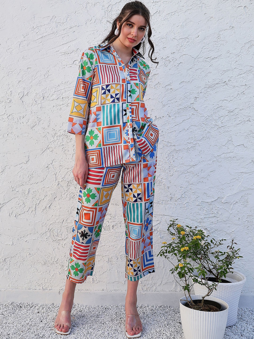 

Boho By Athena Geometric Printed Linen Shirt With Trousers Co-Ords, Blue