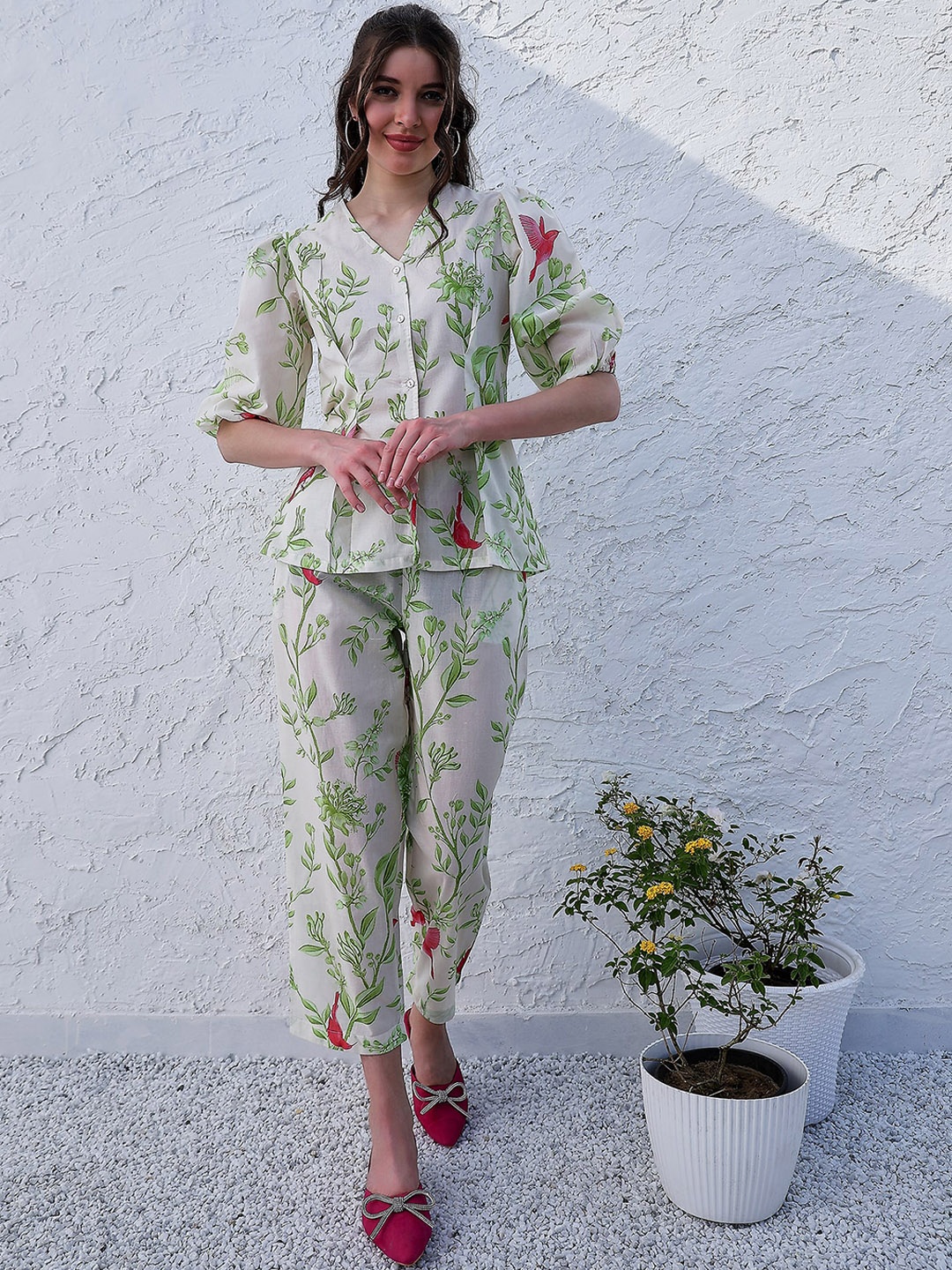 

Boho By Athena Printed Top With Trousers Co-Ords, Green