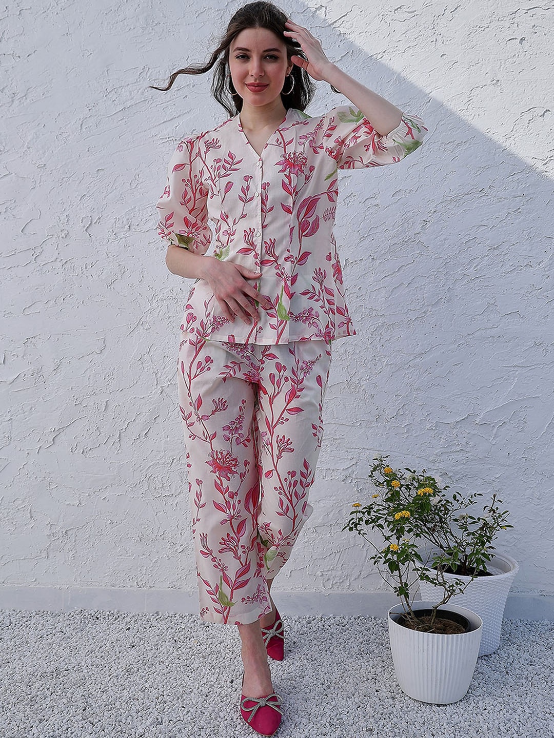 

Boho By Athena Printed V-Neck Top & Flared Trouser Co-Ords, Pink