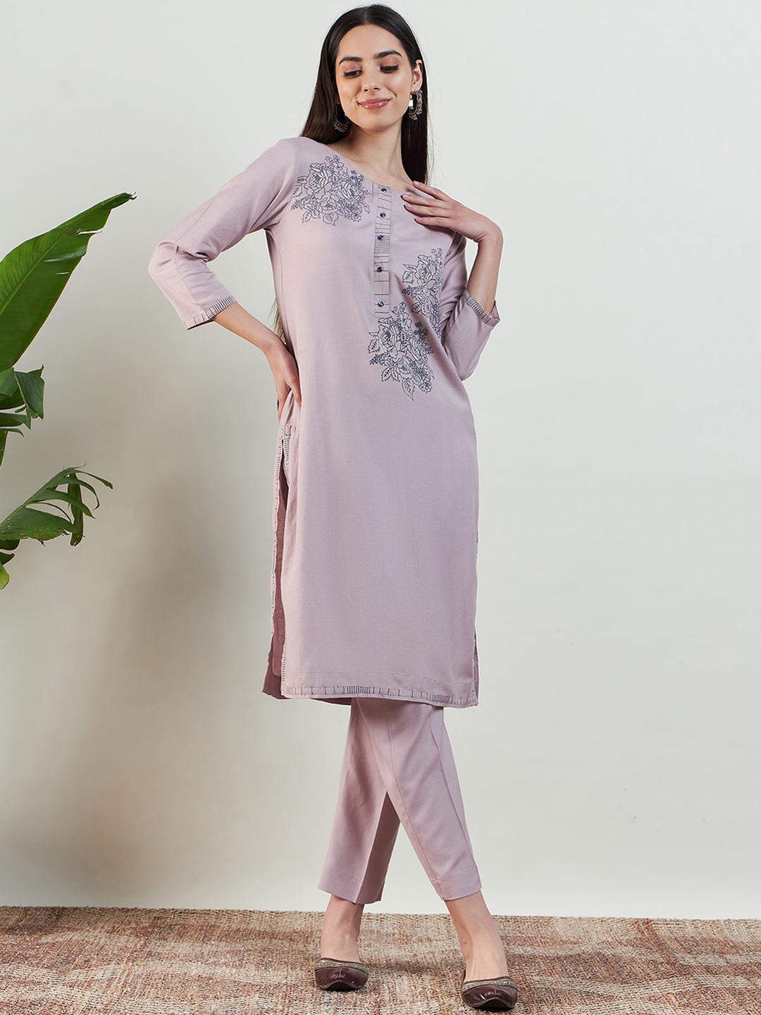 

STADO Floral Printed Round Neck Regular Organic Cotton Straight Kurta With Trousers, Pink