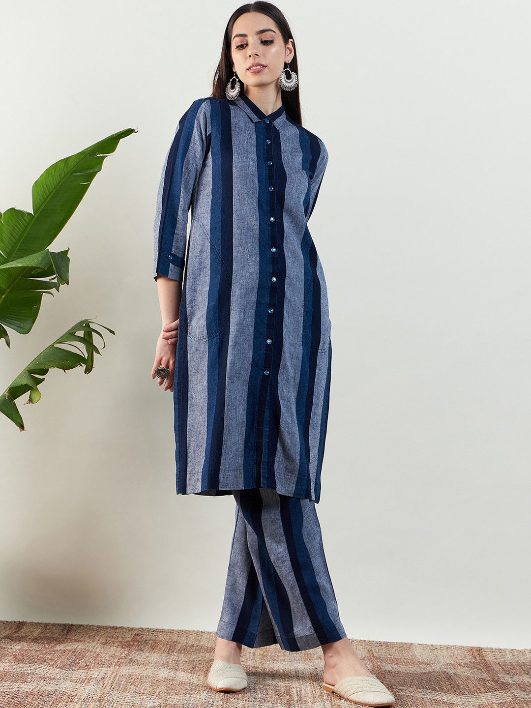 

STADO Striped Regular Three-Quarter Sleeves Kurta with Trousers, Blue