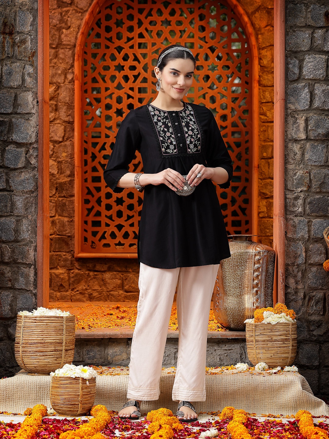 

Nayam By Lakshita Embroidered Cotton Tunic, Black