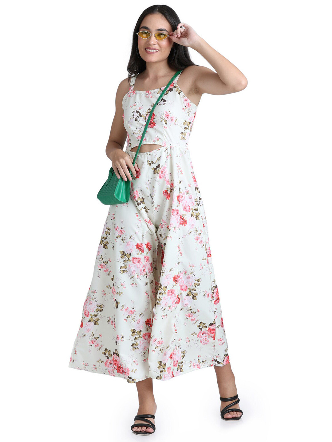 

BAESD Floral Printed Cut Outs Basic Jumpsuit, Beige