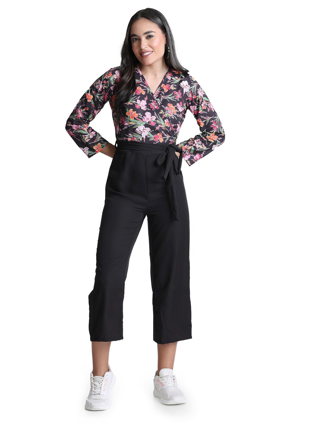 

BAESD Floral Printed Waist Tie-Ups Basic Jumpsuit, Black