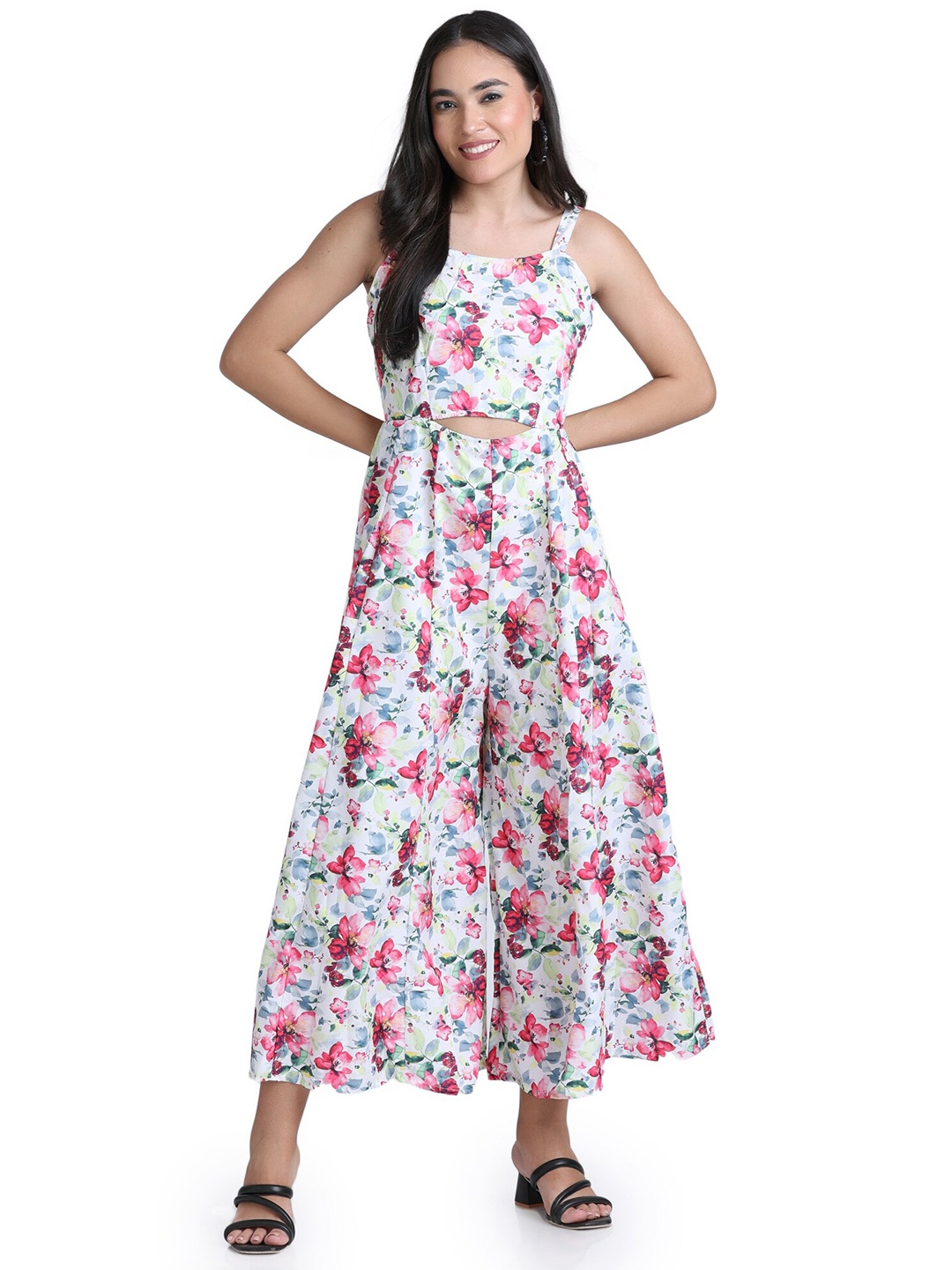 

BAESD Floral Printed Cut Outs Basic Jumpsuit, White