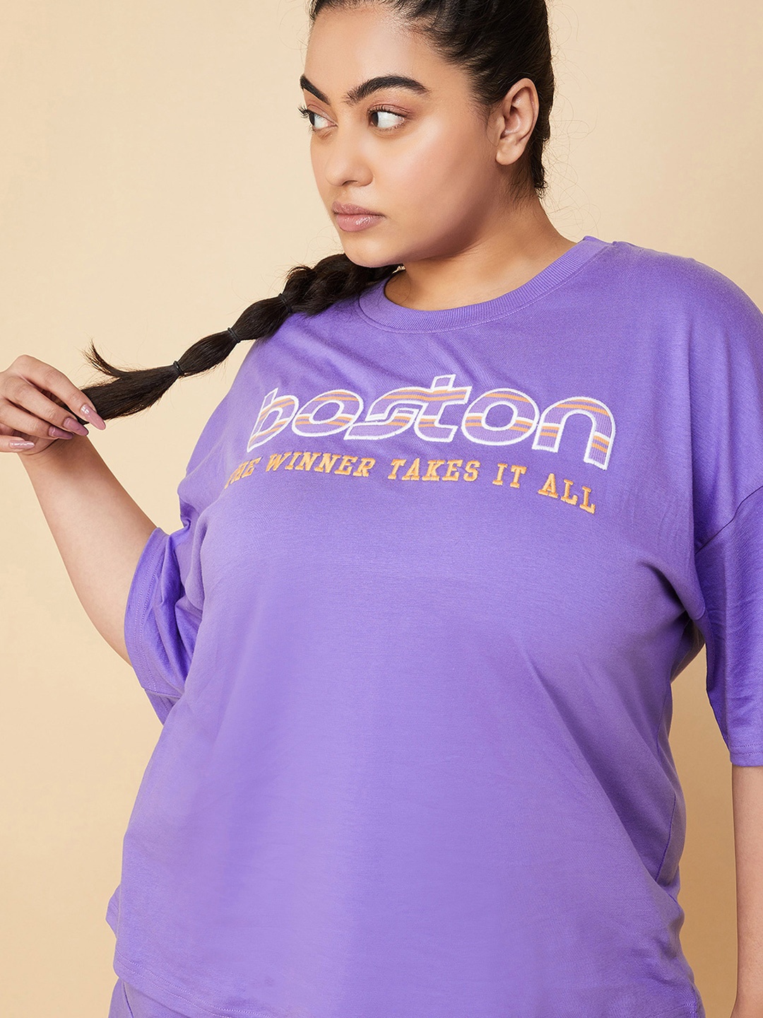 

max Women Typography Printed Drop-Shoulder Sleeves T-shirt, Purple