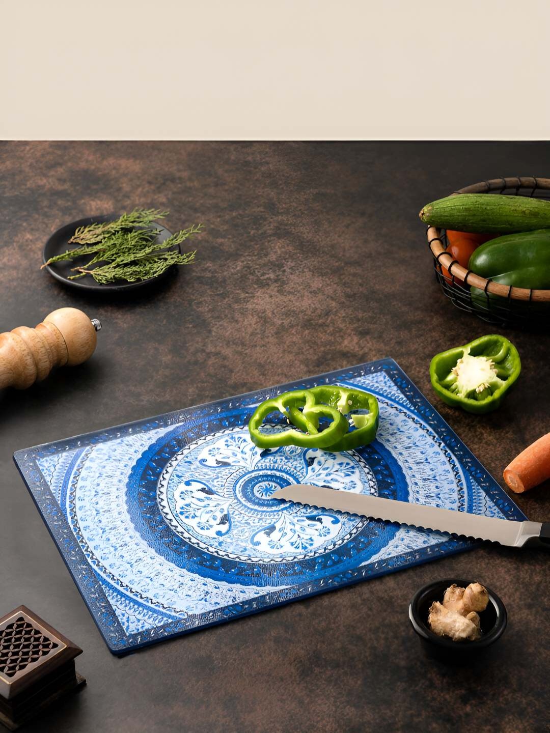

KOLOROBIA Blue & White Printed Glass Chopping Board