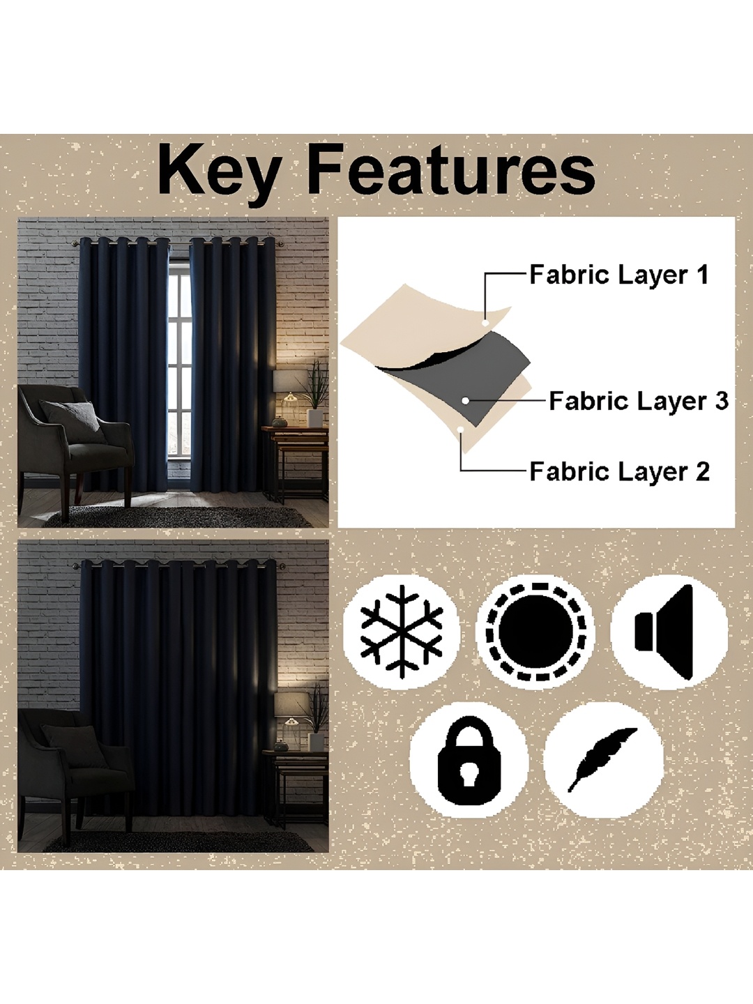 Nefertiti Home Beige Room Darkening Eyelet Long Door Curtain