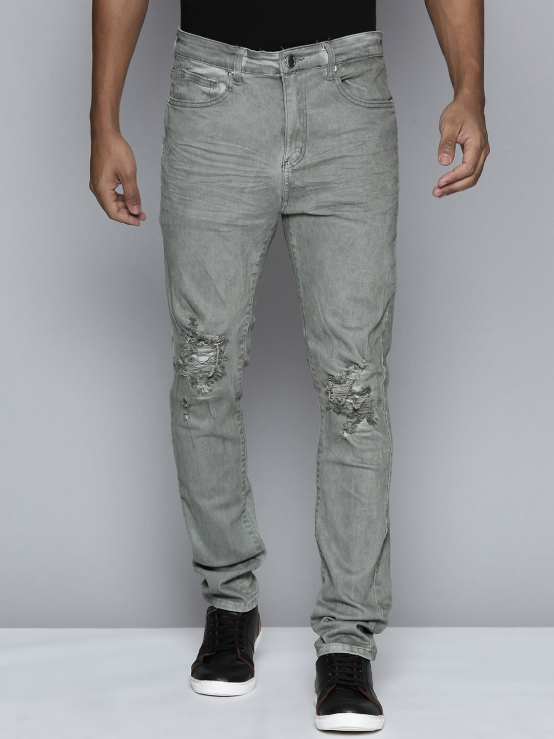 

WAIMEA Men Classic Skinny Fit Mid-Rise Highly Distressed Stretchable Jeans, Grey