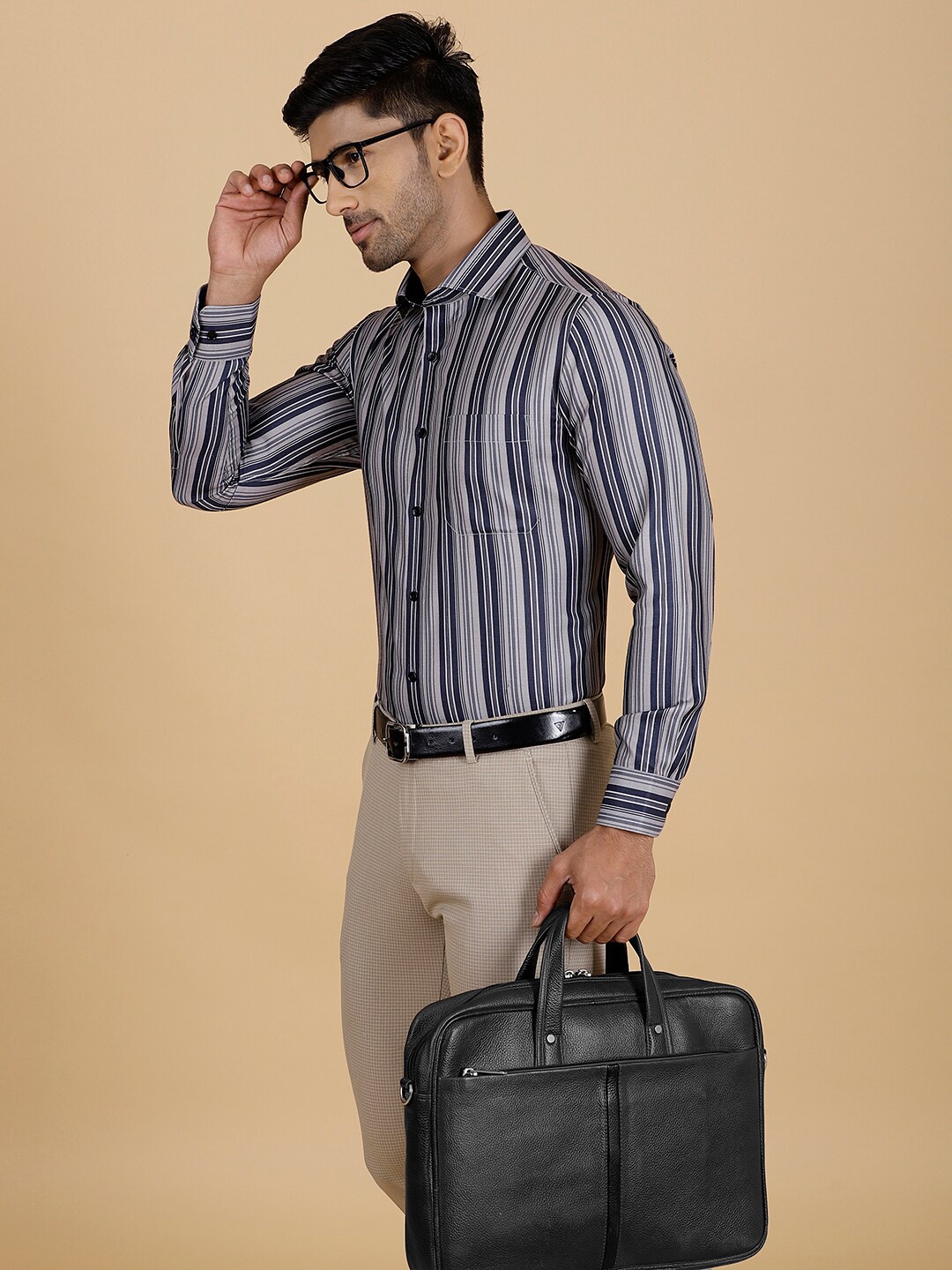 

Greenfibre Slim Fit Striped Spread Collar Formal Shirt, Navy blue