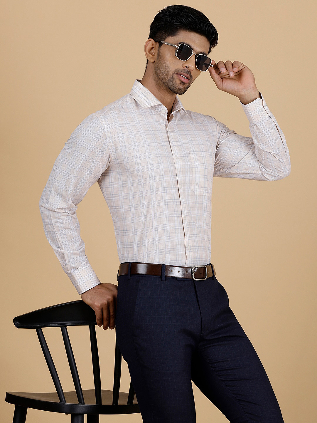 

Greenfibre Slim Fit Tartan Checked Spread Collar Long Sleeves Cotton Formal Shirt, Beige