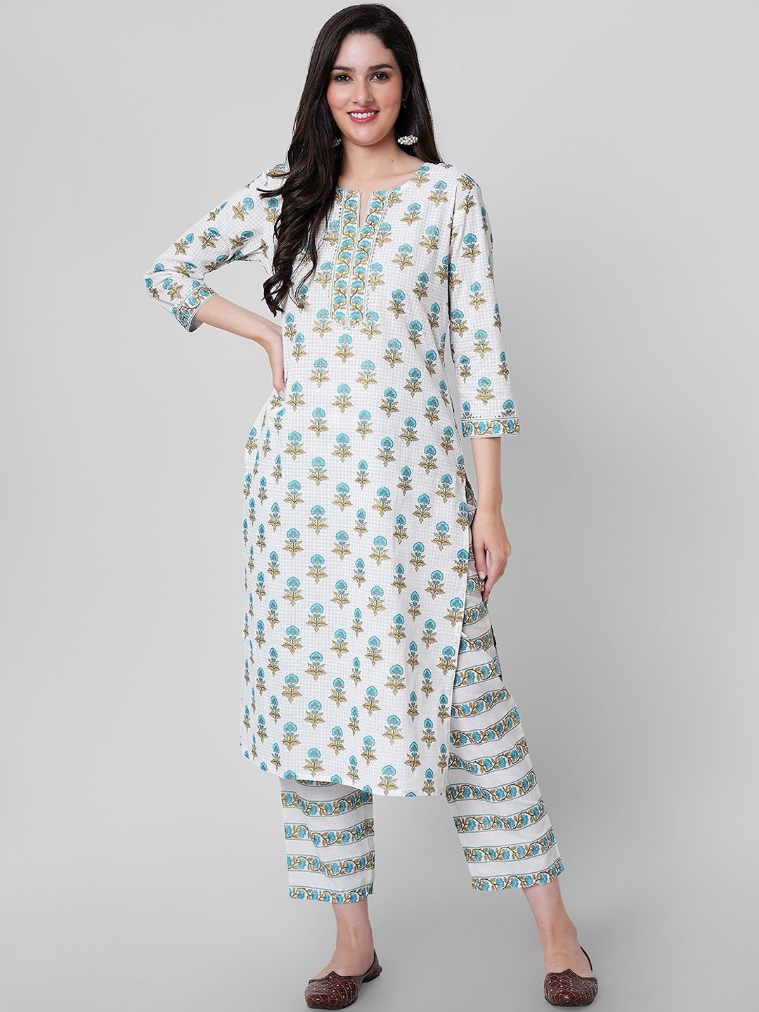 

JANAKDULARI CREATION Floral Printed Round Neck Three-Quarter Sleeves Pure Cotton Kurta Set, White