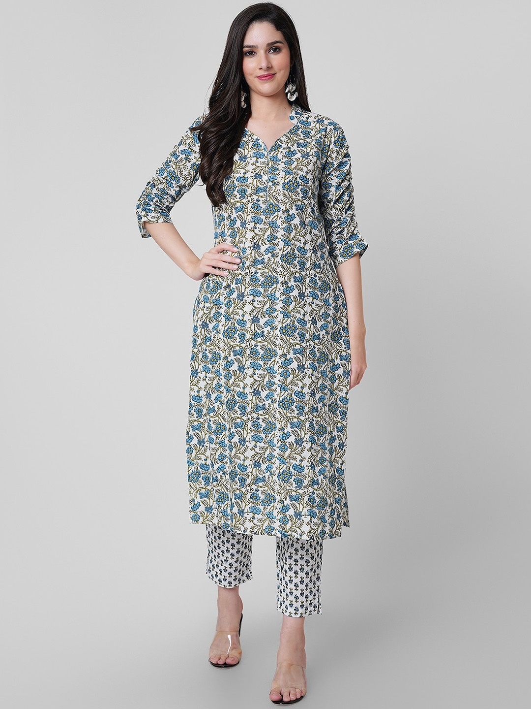 

JANAKDULARI CREATION Floral Printed Regular Pure Cotton Kurta With Trouser, Blue