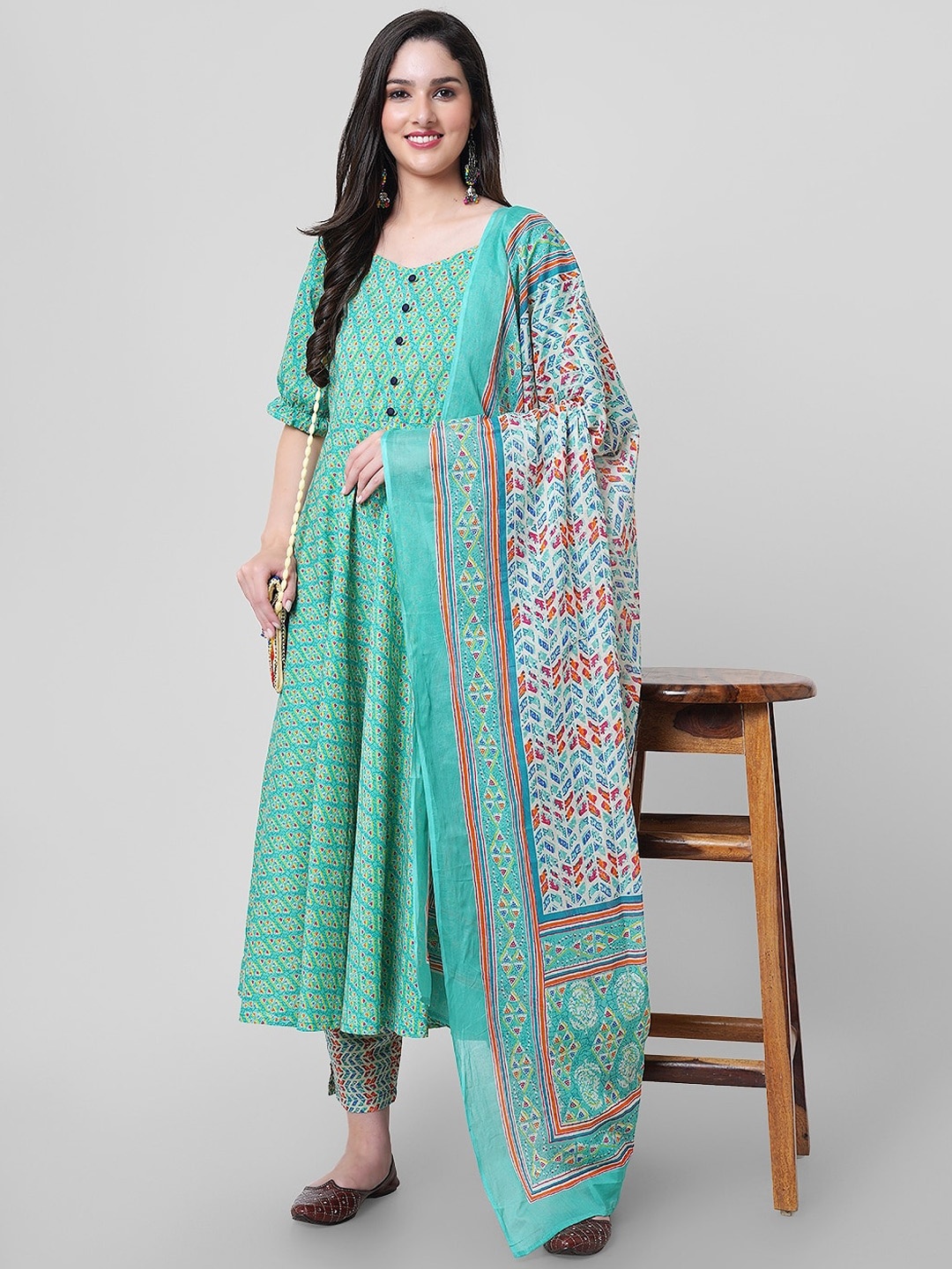 

JANAKDULARI CREATION Floral Printed Pure Cotton Kurta with Trousers & Dupatta, Sea green