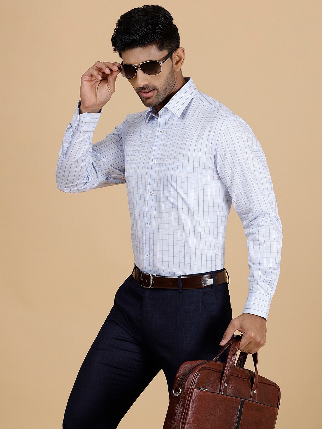 

JADE BLUE Grid Tattersall Checked Cotton Formal Shirt