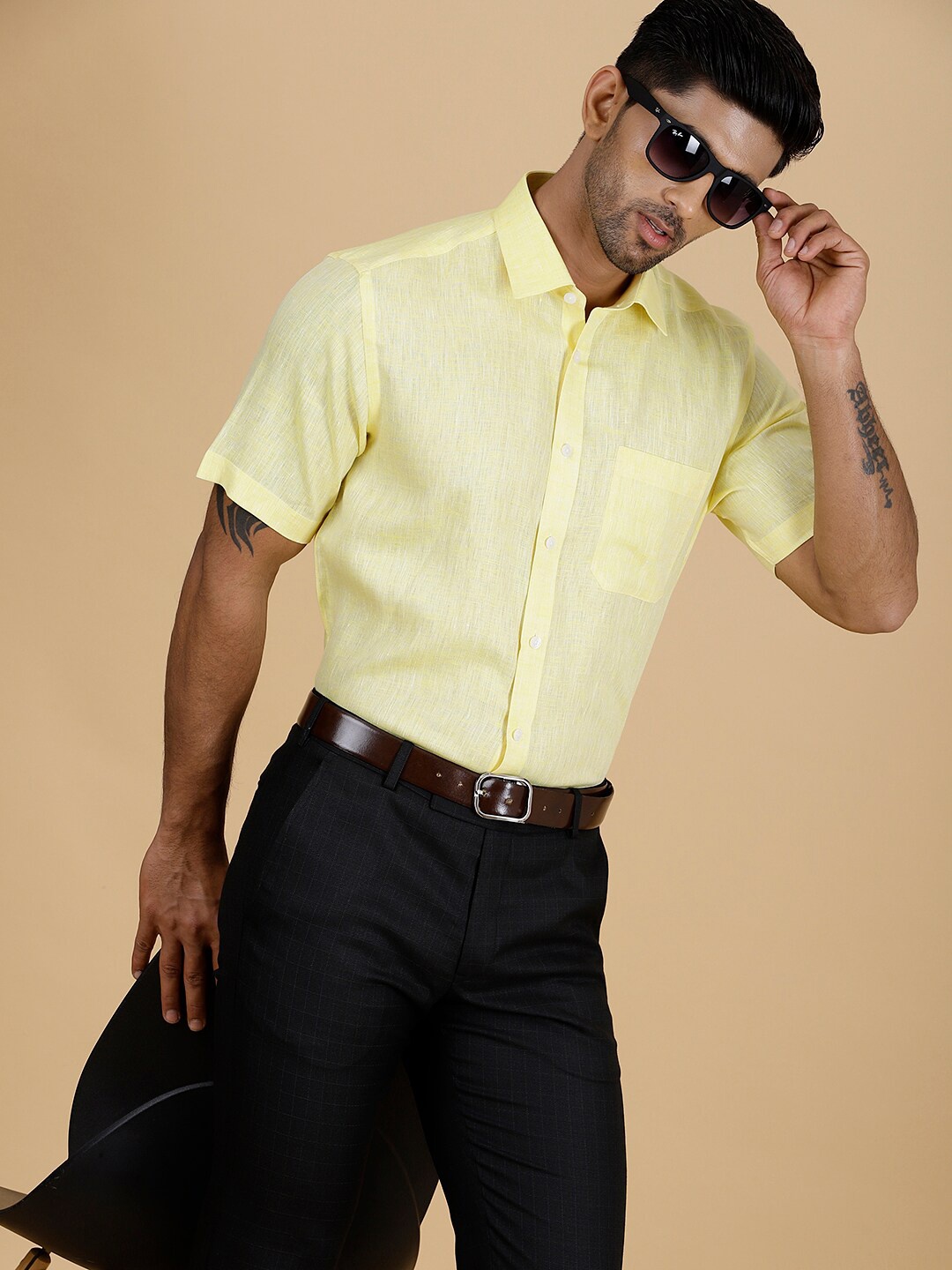 

JADE BLUE Spread Collar Linen Formal Shirt, Yellow