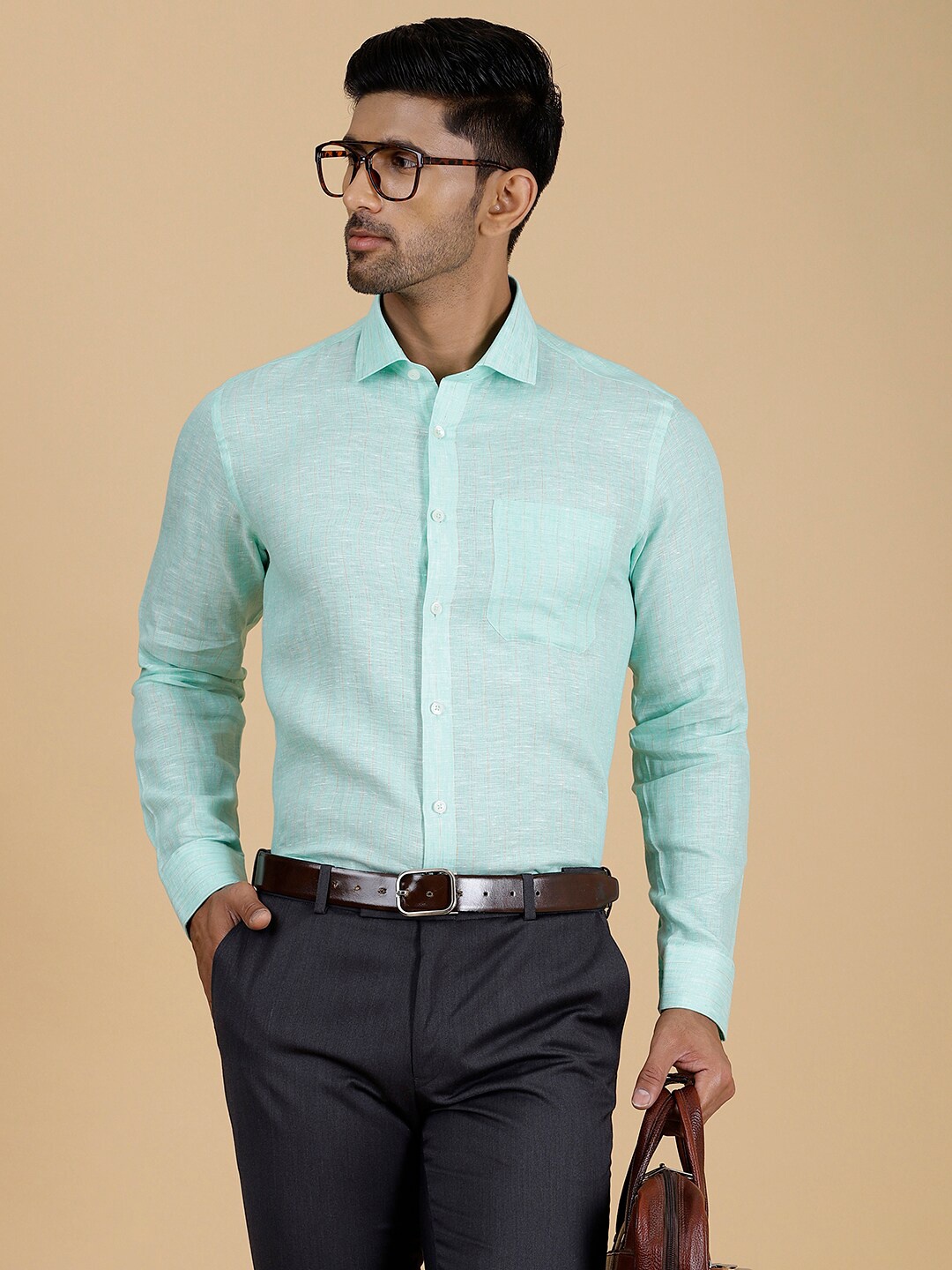 

JADE BLUE Spread Collar Linen Formal Shirt, Green
