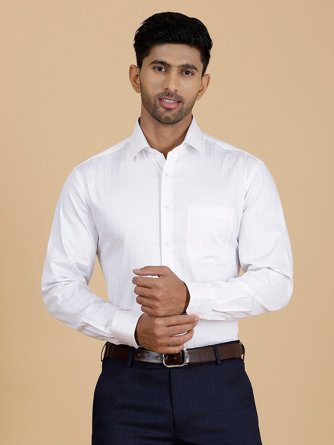 

JADE BLUE Micro Checked Cotton Formal Shirt, Off white