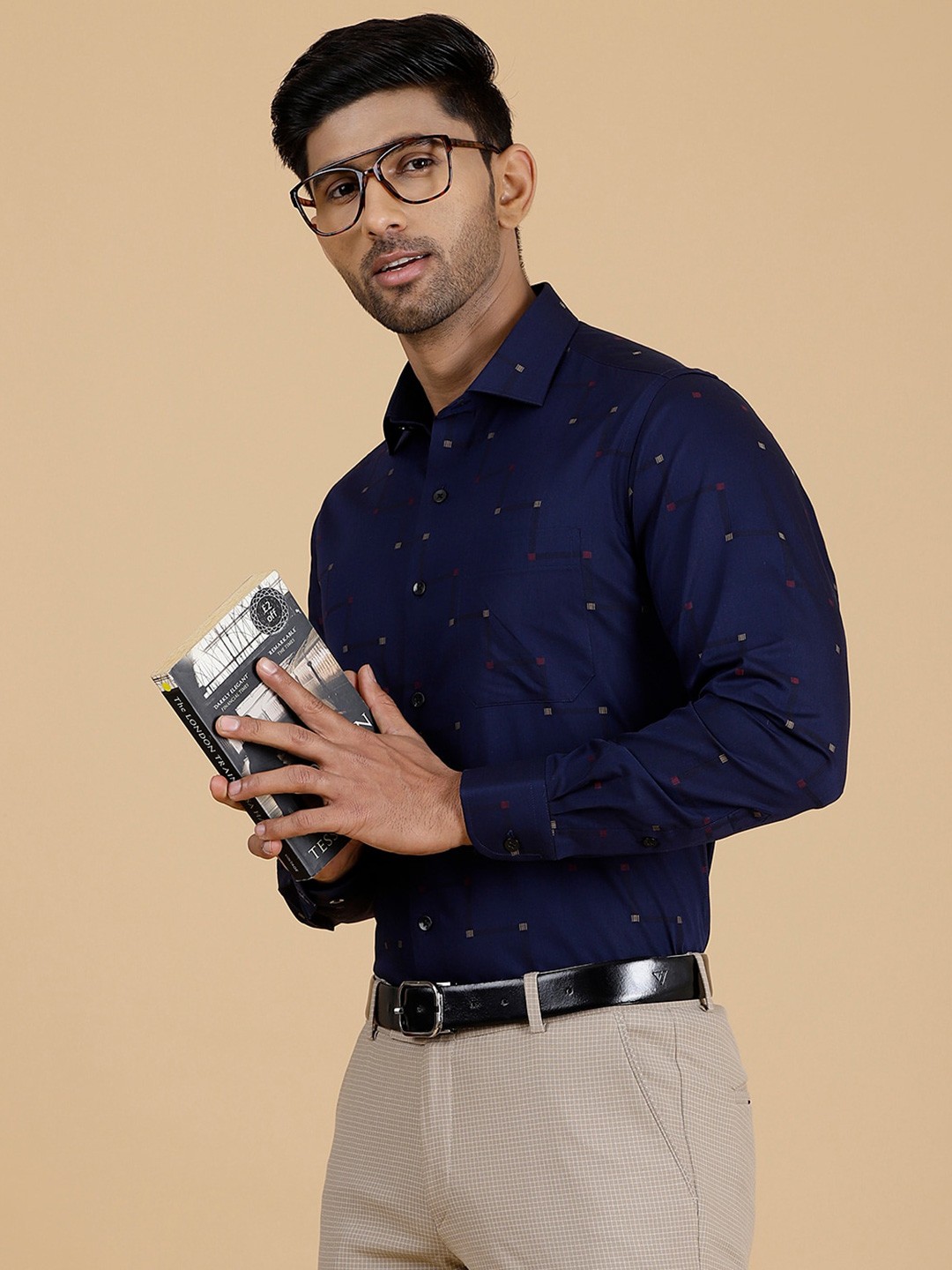 

METAL Slim Fit Geometric Printed Long Sleeves Cotton Formal Shirt, Navy blue