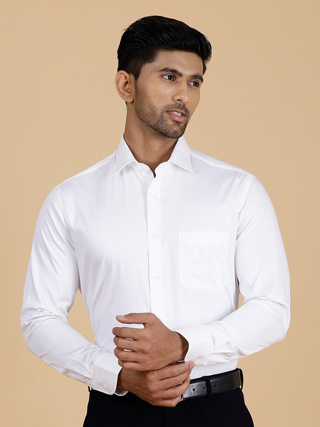 

METAL Slim Fit Spread Collar Long Sleeves Pocket Cotton Formal Shirt, White