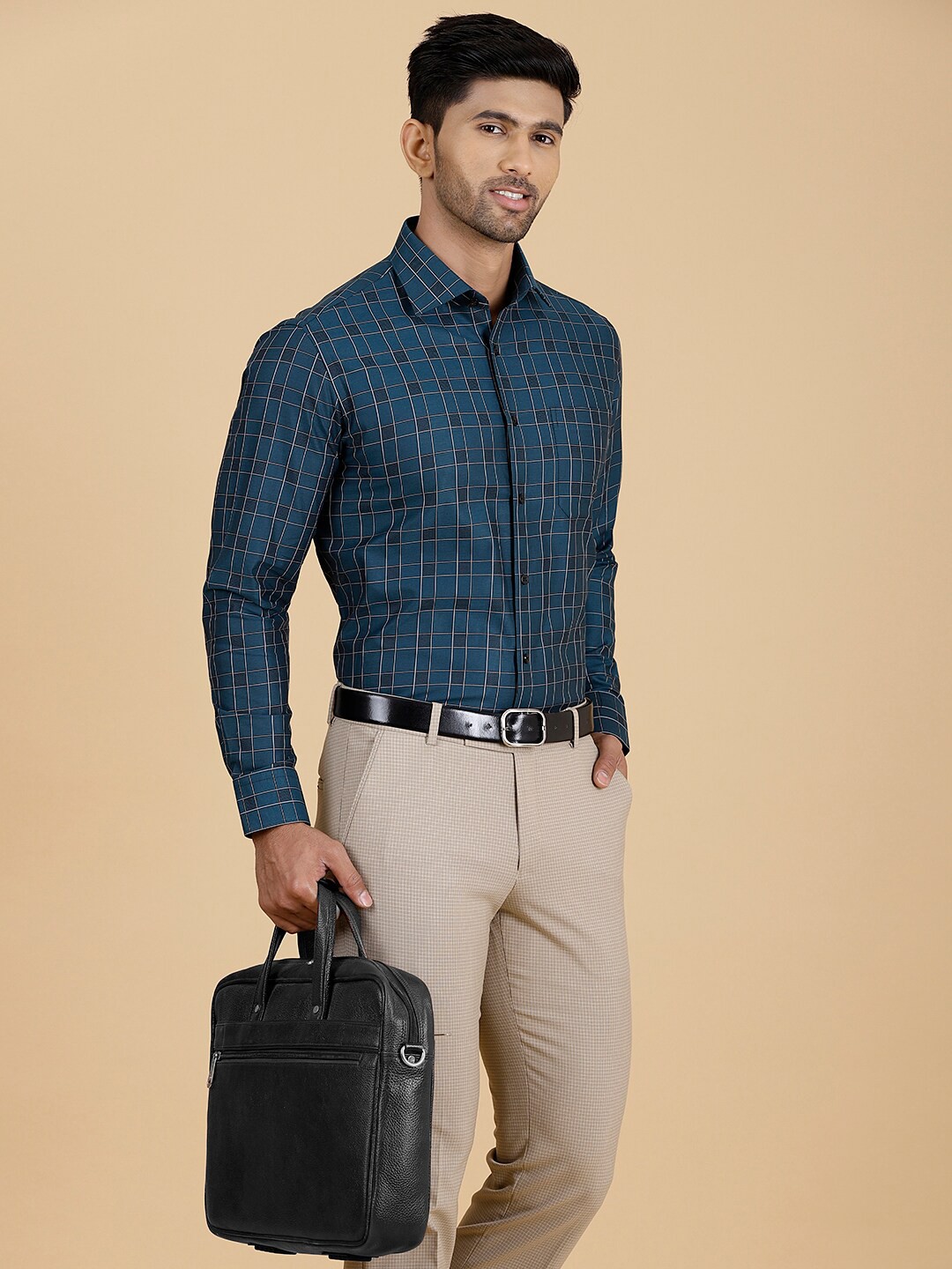 

METAL Slim Fit Tartan Checked Cotton Formal Shirt, Blue